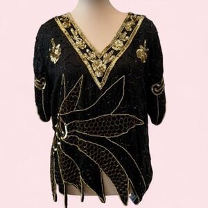 Vintage SND Black & Gold Heavily Beaded Sequin Top V-Neck Handkerchief Hem M